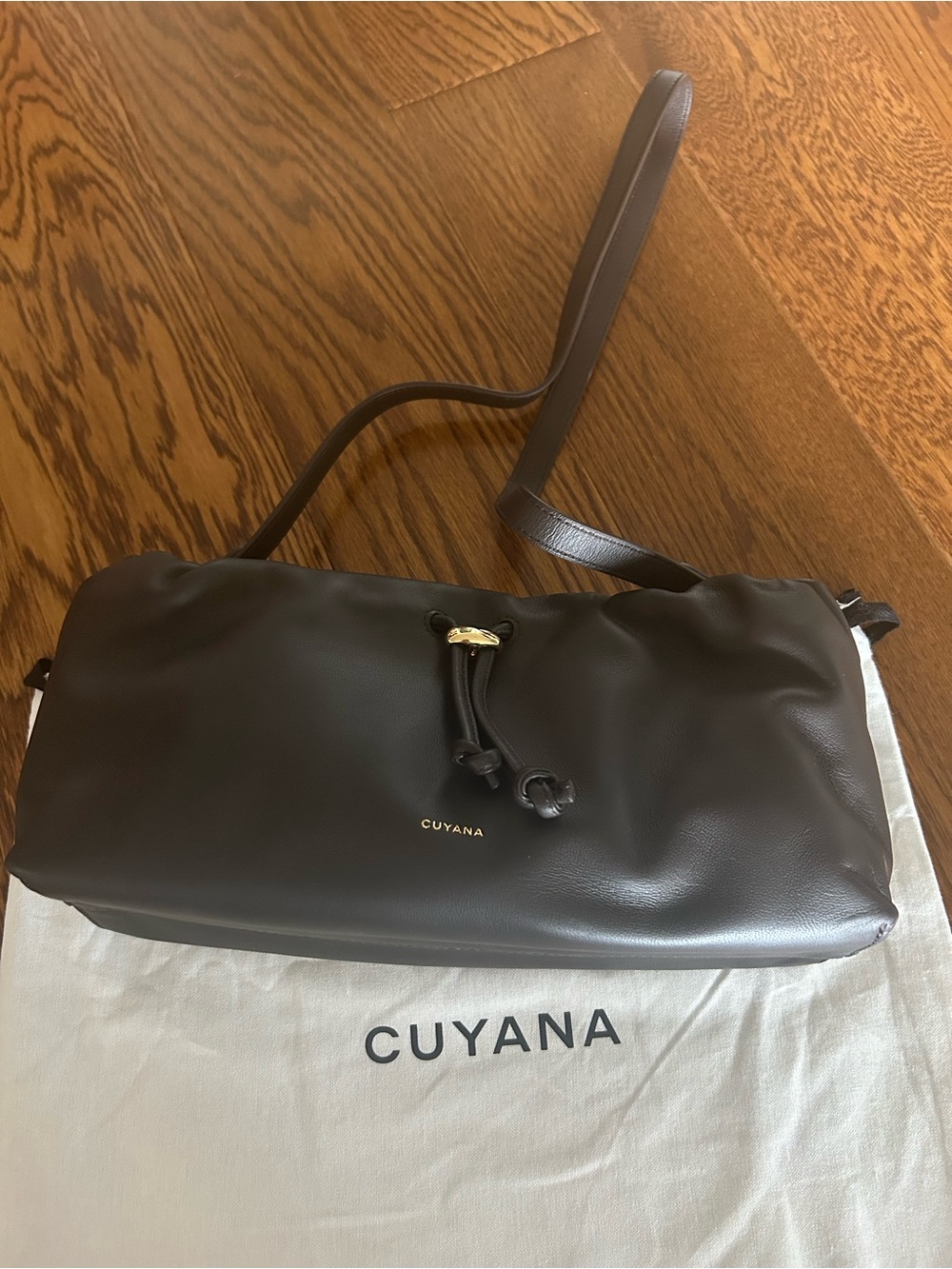 Cuyana Mini Dia Bag in Mocha Leather Drawstring Crossbody Pouch with Gold Accent - Picture 2 of 3
